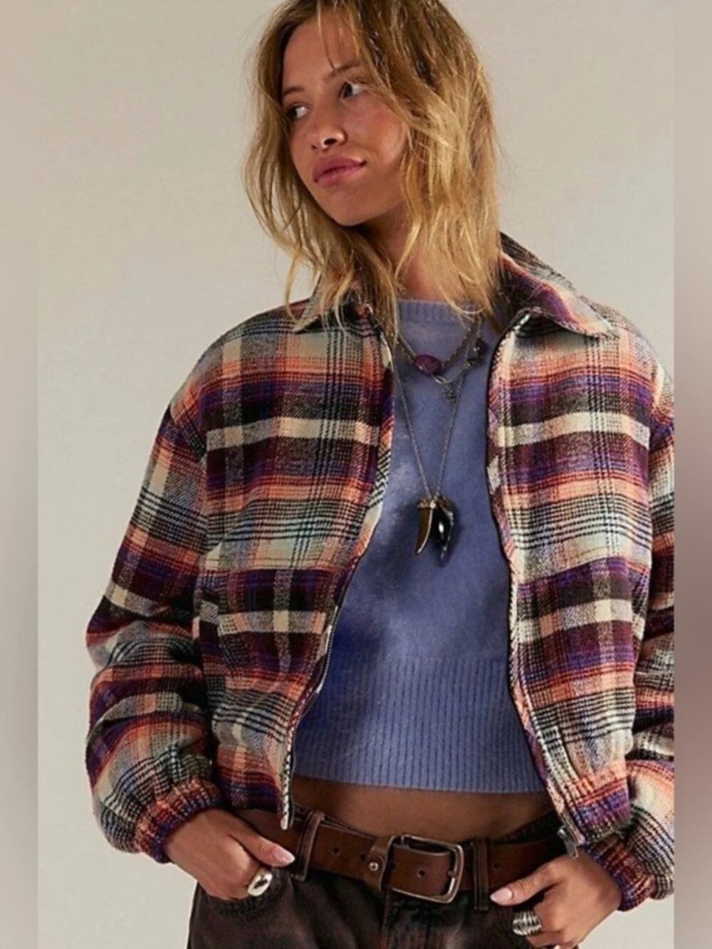 Free People Birdie Flannel Track Jacket Retro 90s Streetwear Utility Womens XL